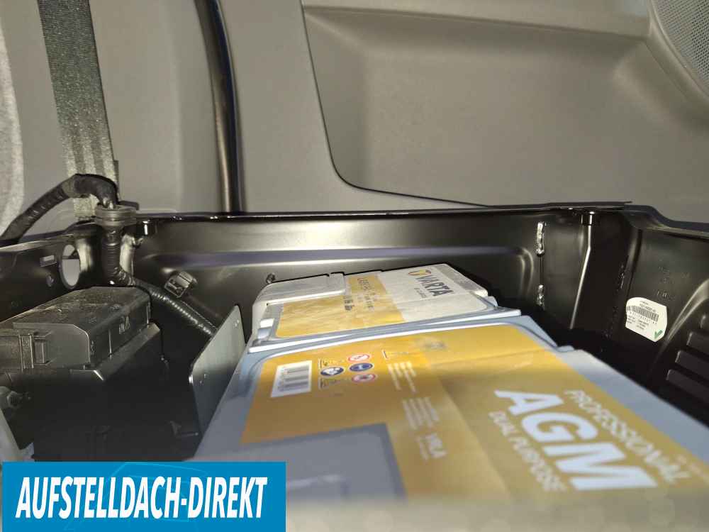 Zweitbatteriehalter Ford Transit Custom Tourneo Custom VW New Transporter und Caravelle in Sitzkonsole FAhrer Batterie nachrüsten Halter für LiFePo Batterie tiefer Verbau