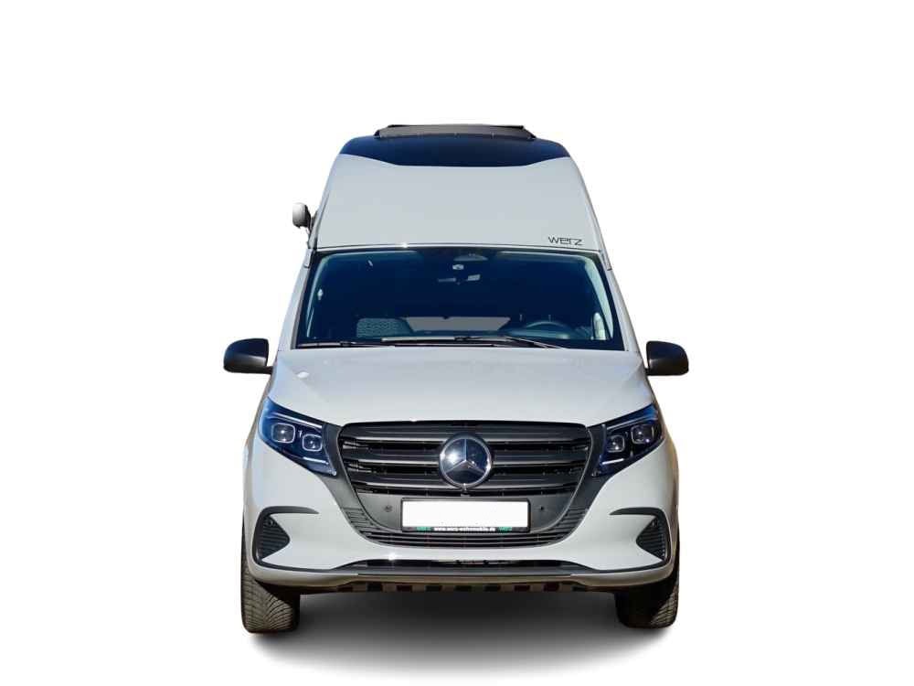 Vito Hochdach Premium Line Stabiles Hochdach mit Stehhöhe und sportlichem Design. GFK Hochdach für V-Klasse Mercedes Spezialist Aktivcamper front
