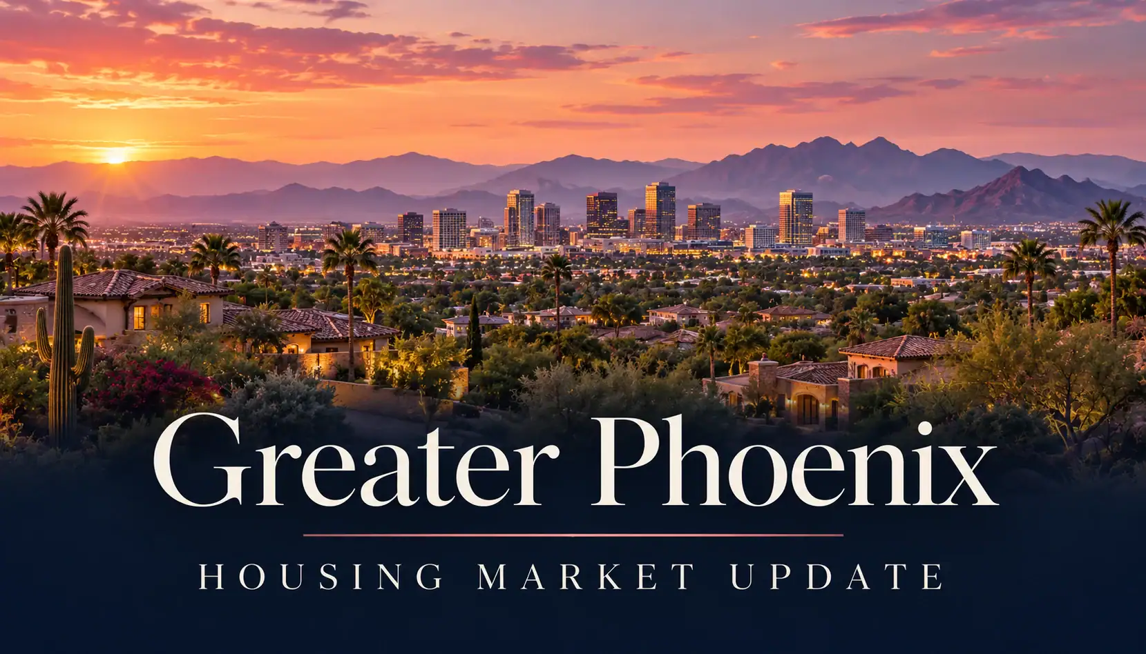 Banner reading: Greater Phoenix Housing Market Update — with desert landscape and Phoenix skyline at sunset to convey the event topic and date.