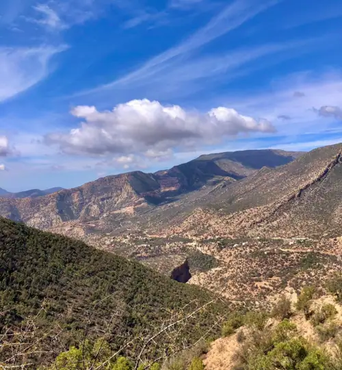 Challenging day hike to El Guez Peak (1,060 m), the highest summit; hike near Agadir in the High Atlas Mountains with Azul Excursions.