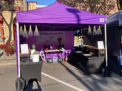 Bald Butte Lavender Farm's  purple canopy at Farmer's Market.