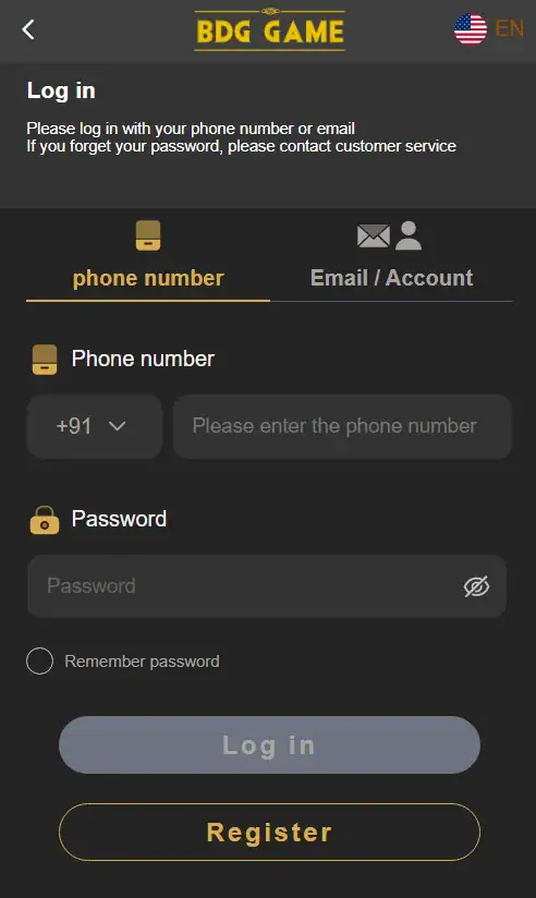 BDG Win login page