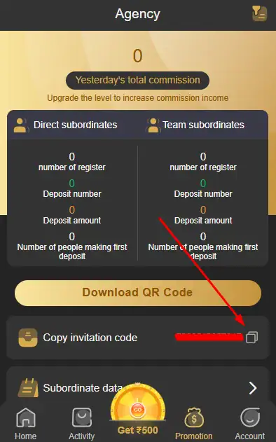 Copy the invitation link in the refer and earn program