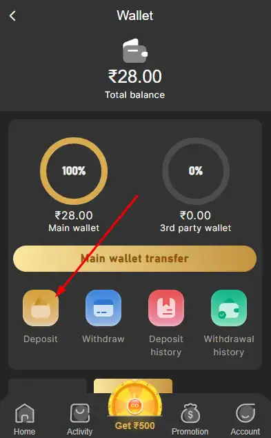 Select the Deposit option