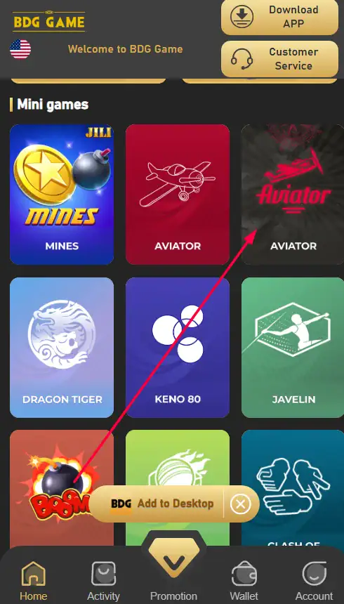 Find the aviator game on the BDG win homescreen