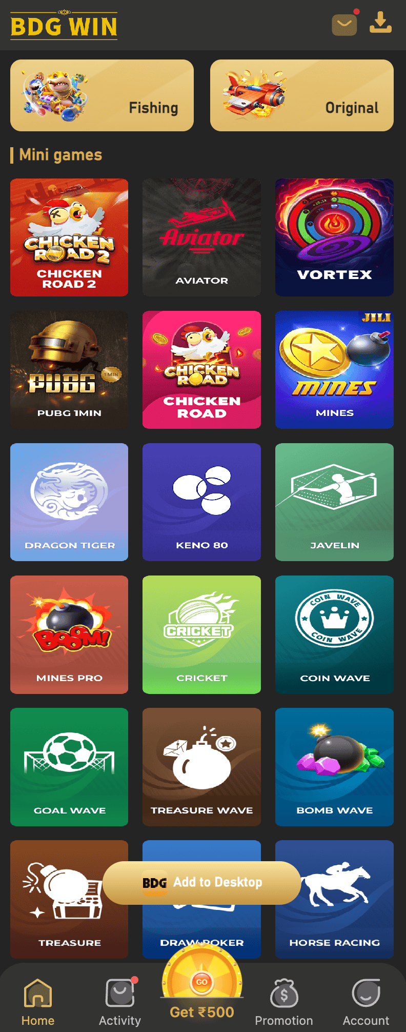 BDG Win game list screenshot from the BDG Win app