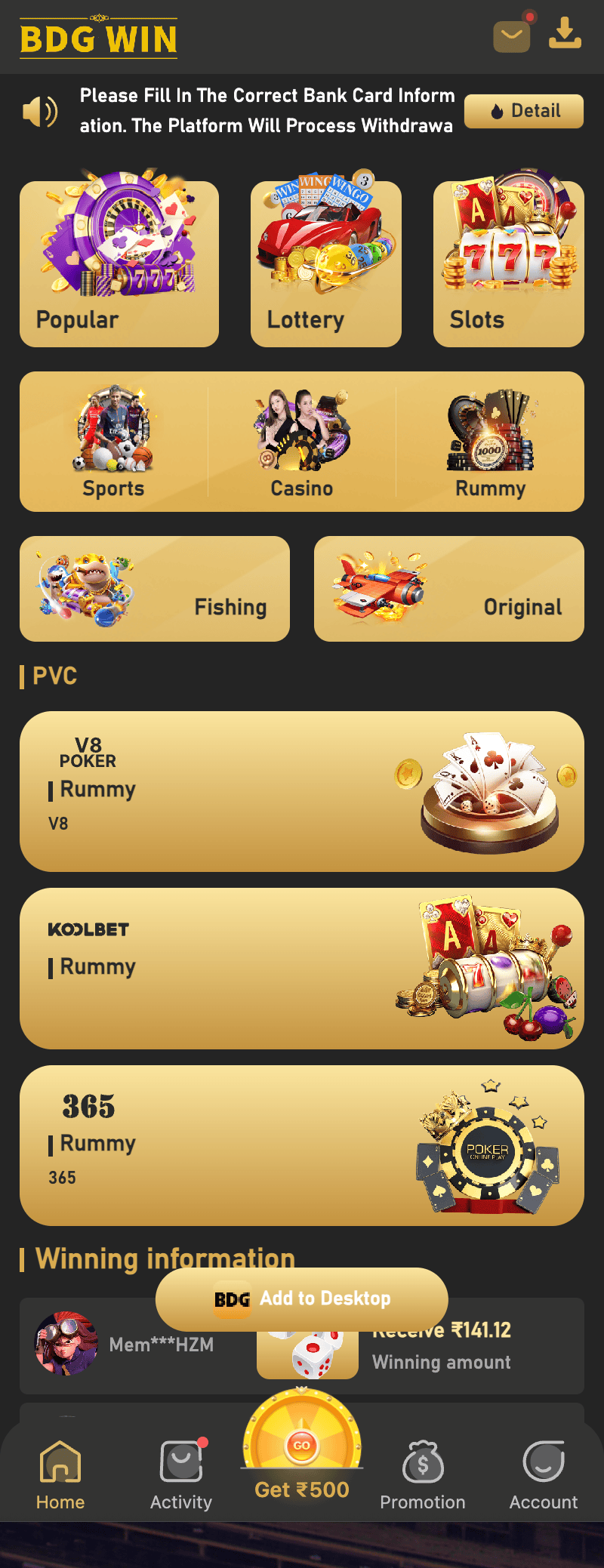 BDG Win rummy screenshot from the BDG Win app