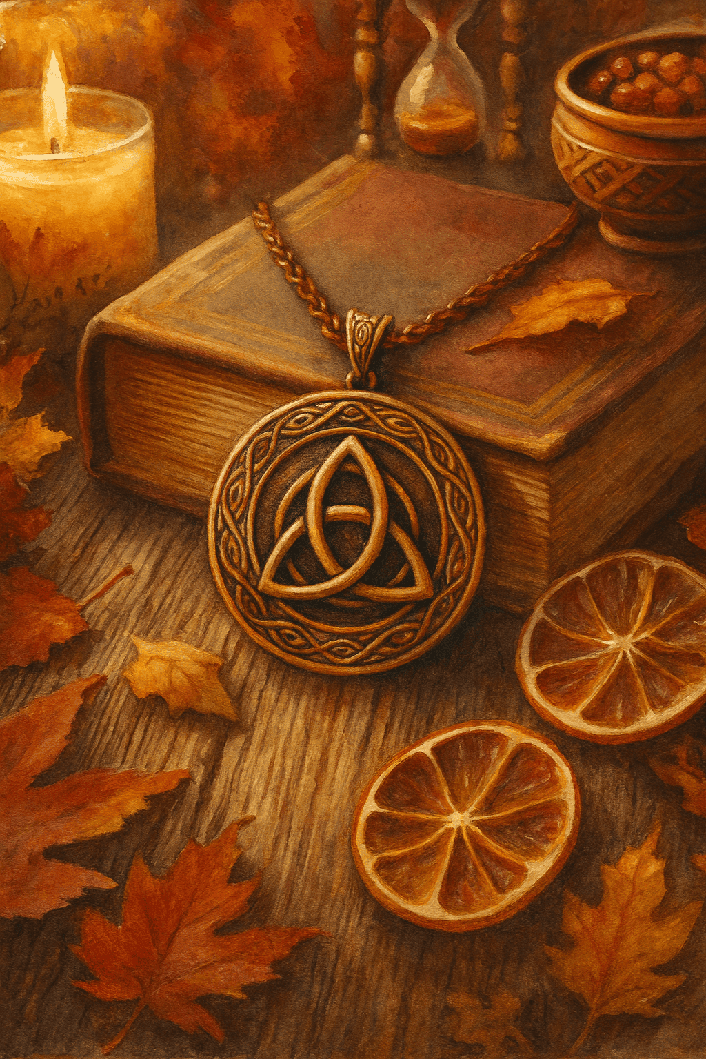 Klenot s kouzelným norsem, starobylý amulet, inspirovaný keltskou symbolikou, na dřevěném povrchu s podzimními listy a svíčkou, pro milovníky handmade šperků a magických cetek.