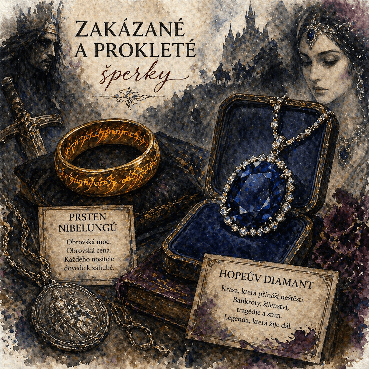 Obrázek zobrazující zakázané a prokleté šperky, zahrnující prsten Nibelungů a Hopeův diamant. V pozadí se nachází hrad a postavy.