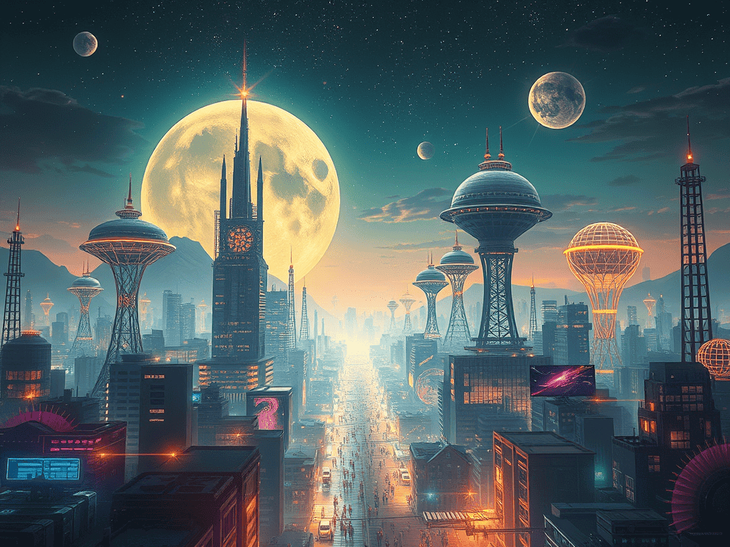 Afrofuturistická architektura – futuristické město s biofilními věžemi a vzory inspirovanými Afrikou pod obřím měsícem