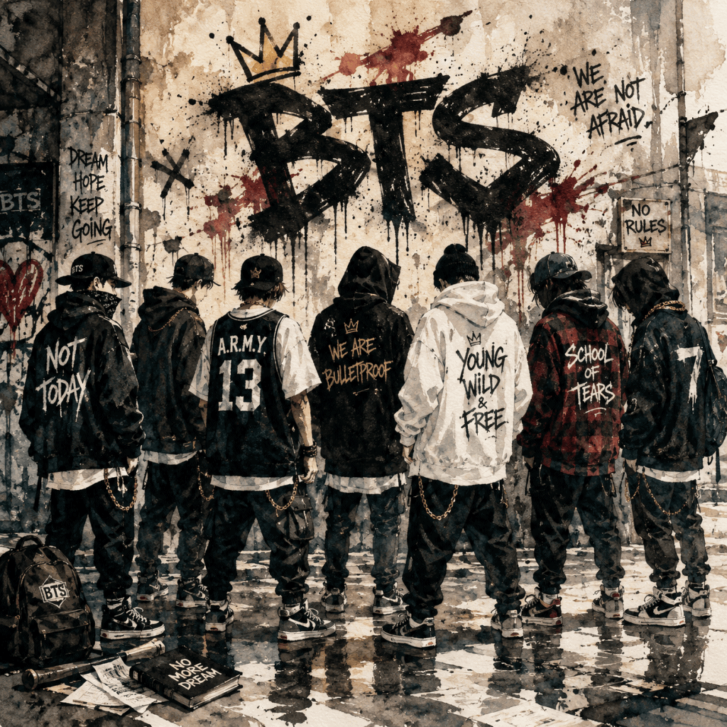 Streetwear, grafite e rebeldia juvenil no estilo inicial do BTS, em aquarela.