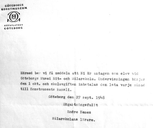 Bengt Olson - Antagen till Valands Konstskola 1948