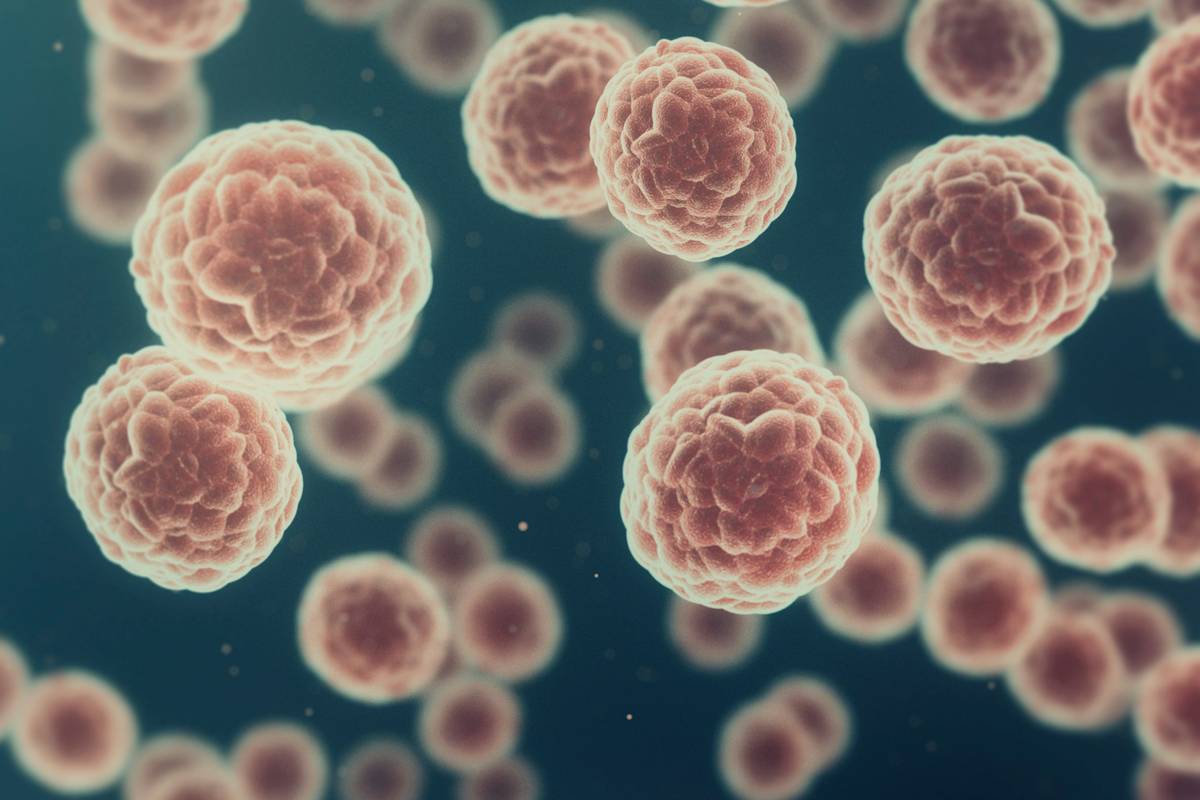 3D rendering of human cells under microscope for biomedical research, stem cell therapy, or microbiology study.