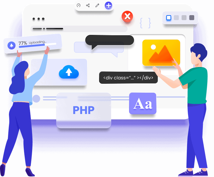 Web developers build a website interface with PHP, UI elements, and image optimization