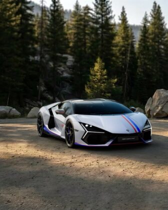 The sleek Lamborghini Revuelto NA63 parked outdoors showcasing its aerodynamic design and custom exterior livery.
