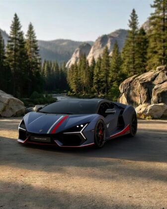 The sleek Lamborghini Revuelto NA63 parked outdoors showcasing its aerodynamic design and custom exterior livery.