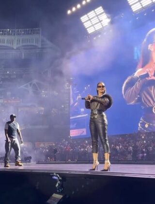 Rihanna and JAY-Z performing together live on stage during JAY-Z's Yankee Stadium concert residency.