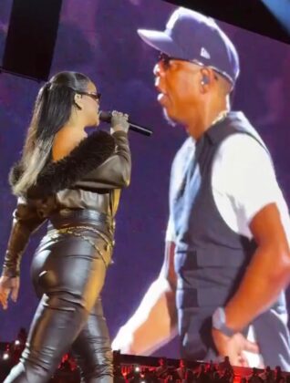 Rihanna and JAY-Z performing together live on stage during JAY-Z's Yankee Stadium concert residency.