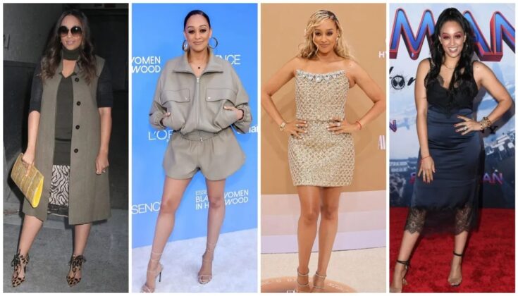 Tia Mowry posing in an elegant dress, showcasing her sophisticated style.
