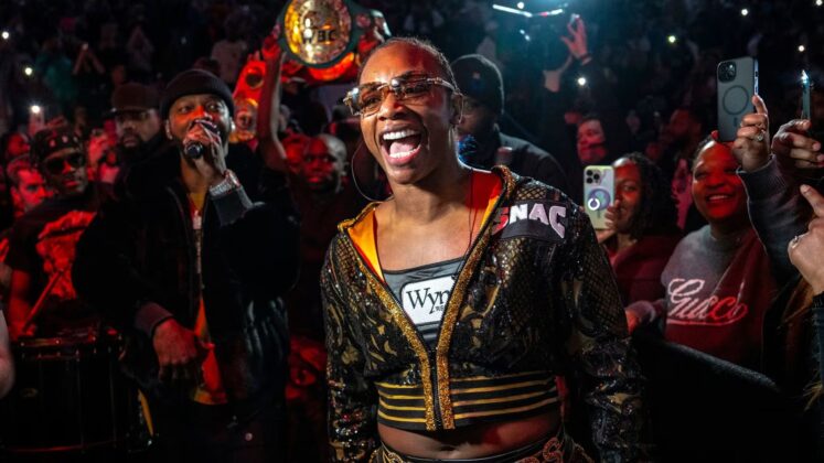 Claressa Shields posing confidently ahead of her history-making main event boxing match in Atlanta.