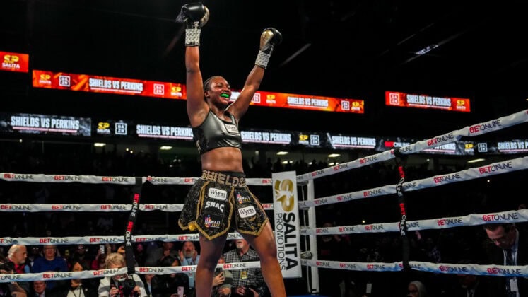 Claressa Shields posing confidently ahead of her history-making main event boxing match in Atlanta.