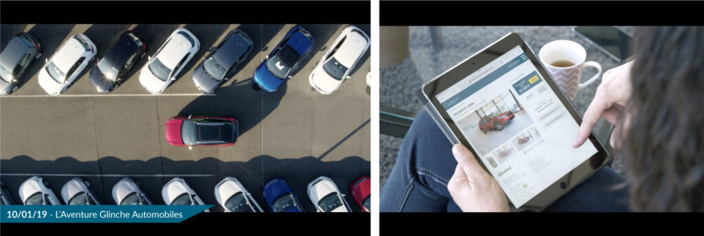 Parc auto vu de haut et un e client qui navigue sur le site glinche-automobiles.com sur une tablette
