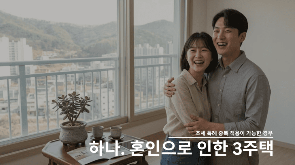 혼인으로 신혼집을 구하면서 3주택이 된 경우 양도소득세 비과세 가능성이 있습니다.