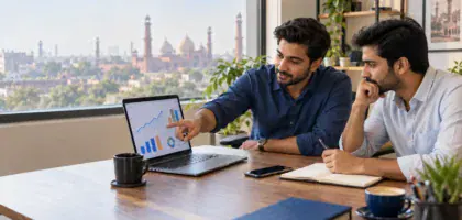 two office workers checking stats on a laptop