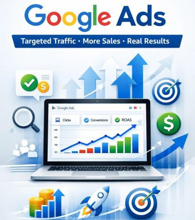 Pricing –A vibrant infographic titled "Grow Your Business with Google Ads" featuring a laptop displaying a performance dashboard with metrics like Clicks, Conversions, and ROAS.