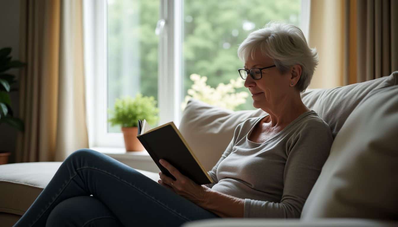 A middle-aged woman is immersed in reading a book in her living room.