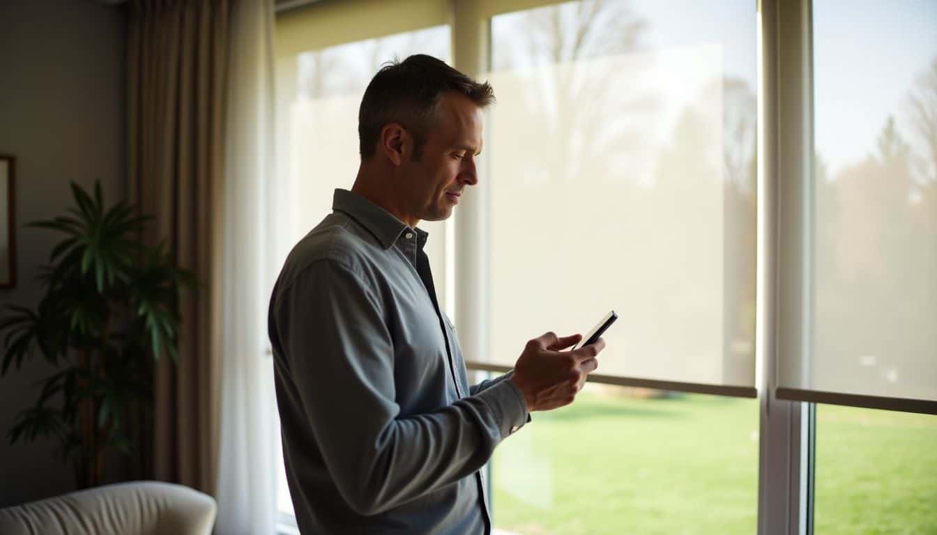 A man in casual clothing adjusting smart window blinds using a device. A man in casual clothing adjusting smart window blinds using a device.