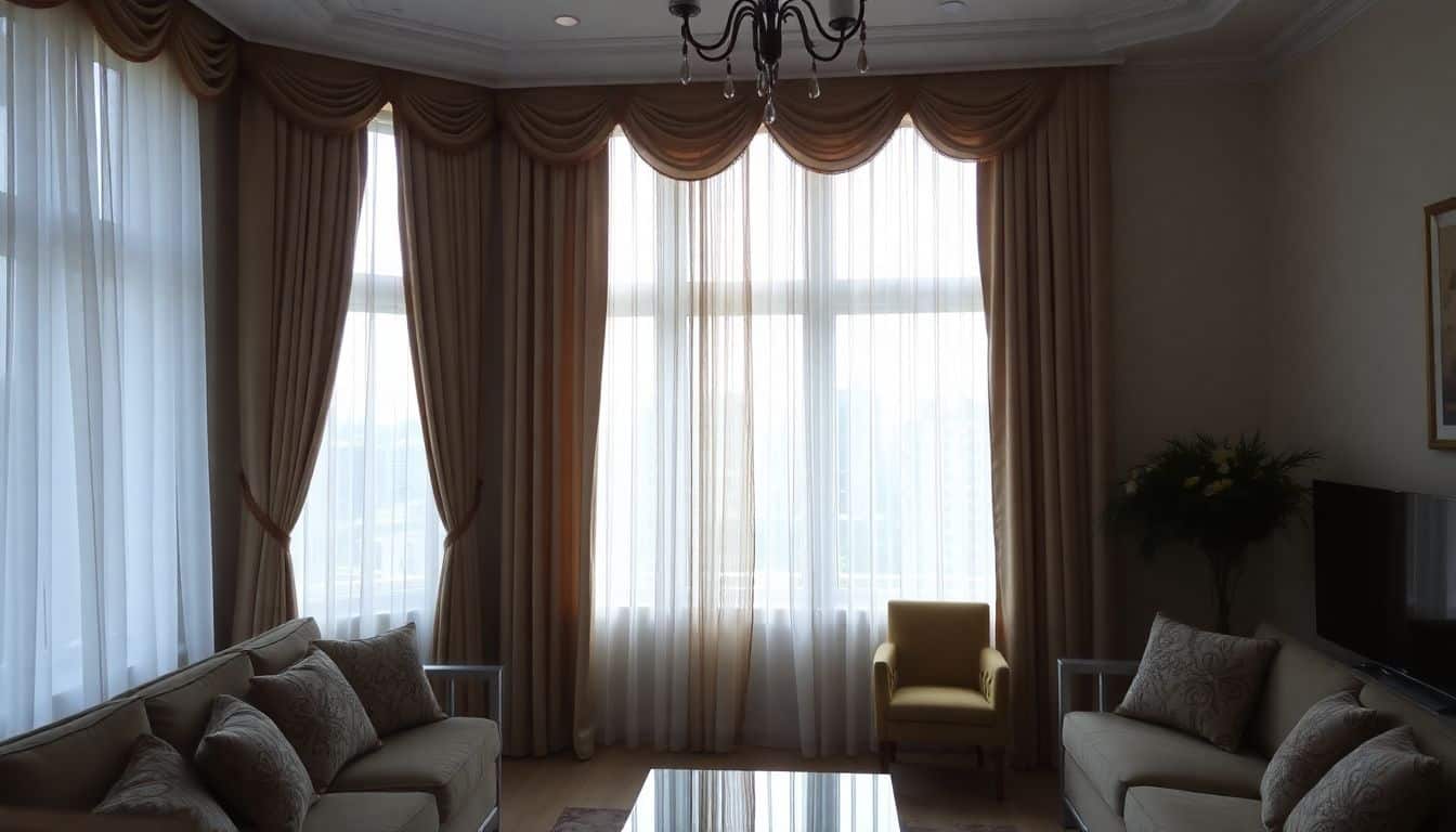 A living room with elegant window treatments and stylish décor. A living room with elegant window treatments and stylish décor.