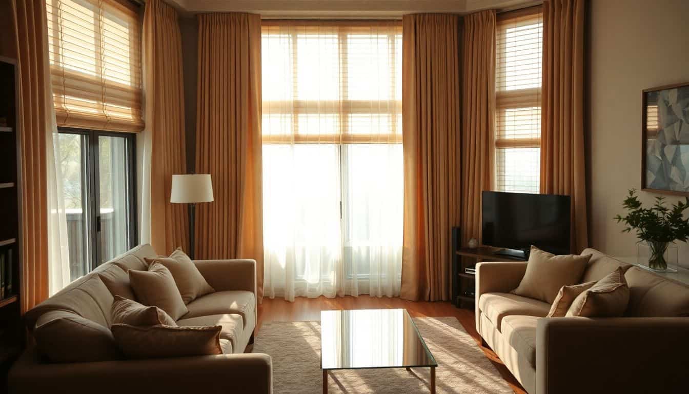 A cozy living room with elegant window treatments for privacy and style.