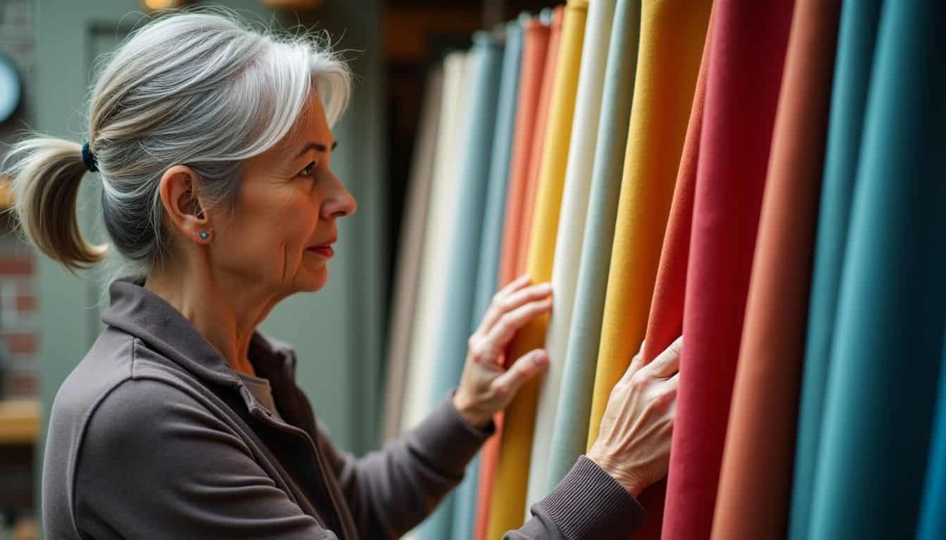 Elderly woman explores colorful window treatments in cozy store. Elderly woman explores colorful window treatments in cozy store.