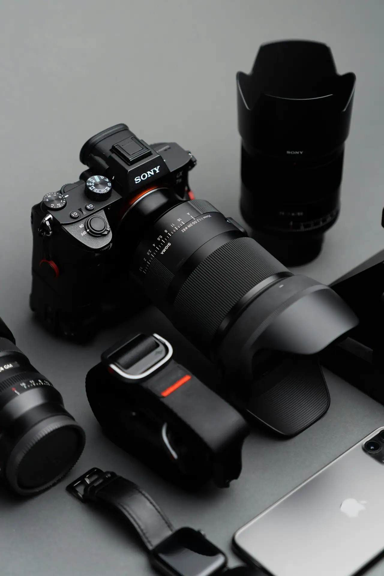Professional camera gear on a desk