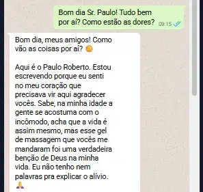 Depoimento de atleta satisfeito com os resultados do gel massageador Calmisure para alívio de fadiga muscular pós-treino.