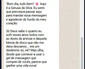 Comentário de cliente sobre o uso do gel Calmisure para alívio de dor lombar e tensão no pescoço causada por má postura.