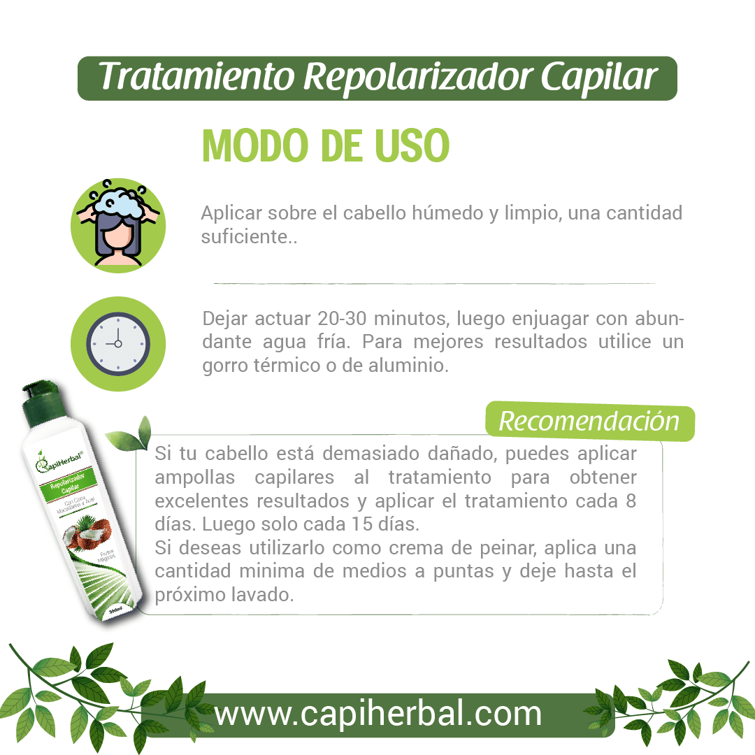 Modo de Uso Repolarizador Capilar 2 Tratamiento capilar repolarizador con aceite de coco y macadamia – CapiHerbal
