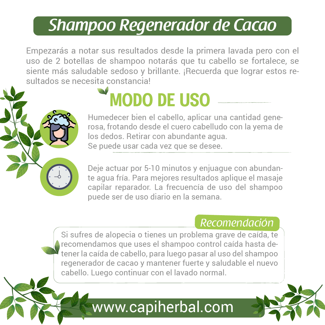 Modo de Uso de Shampoo Regenerador 2 con extracto de cacao – CapiHerbal