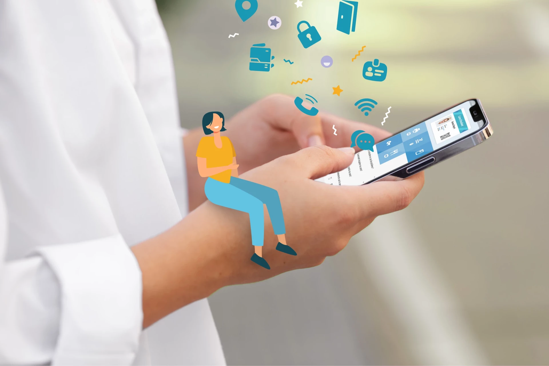 Une personne tenant un smartphone avec des icônes virtuelles autour, incluant une silhouette et des symboles technologiques.