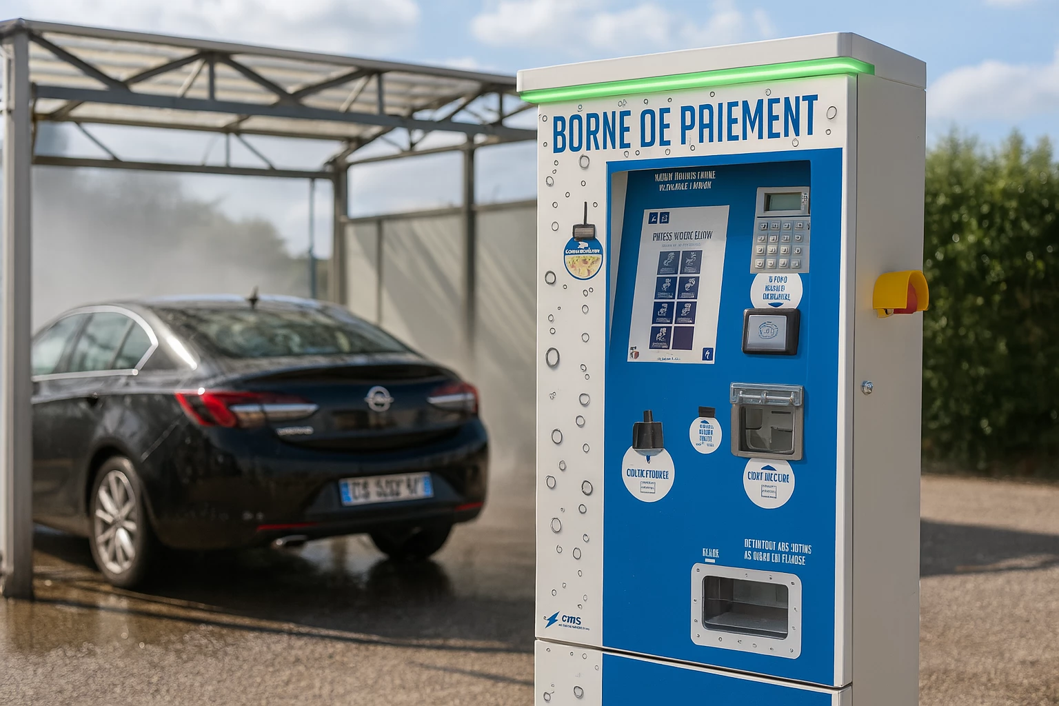 L'image montre une borne de lavage automatique avec une voiture en train d'être lavée en arrière-plan. La borne affiche de