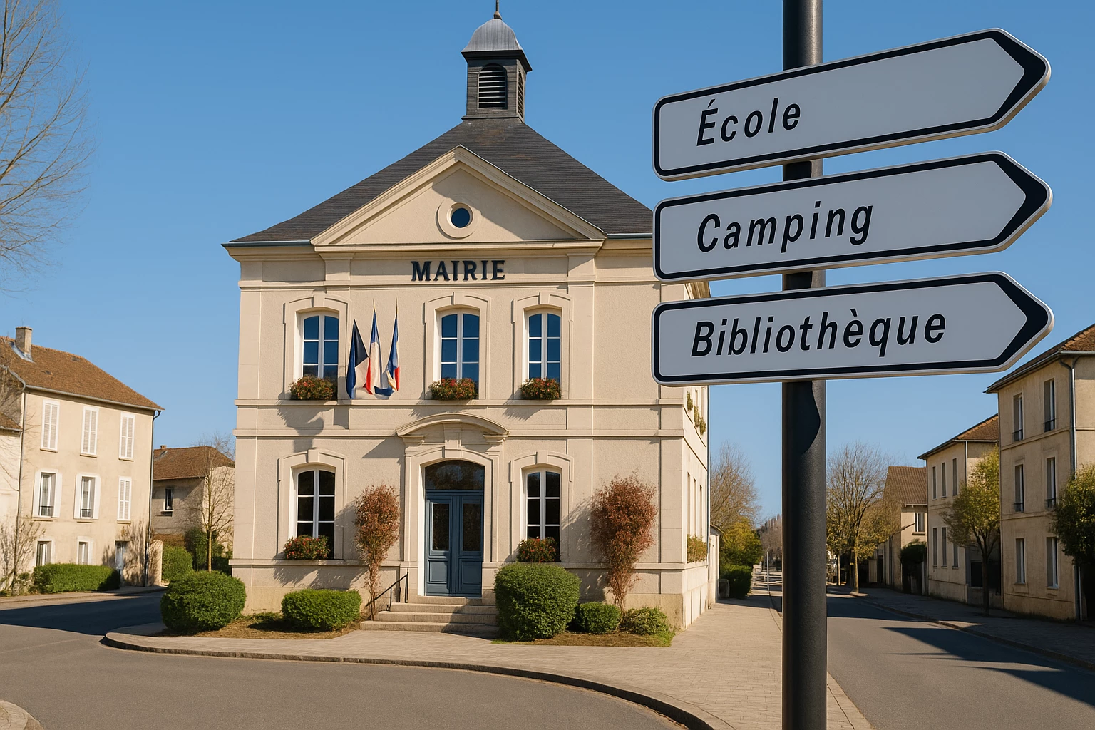 L'image montre un bâtiment municipal avec des panneaux indiquant l'école, le camping et la bibliothèque.