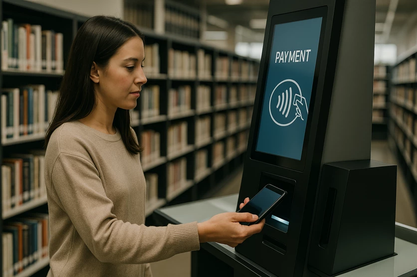Une femme utilise un terminal de paiement dans une bibliothèque, tenant son téléphone près du lecteur.