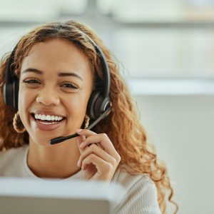 Call center, telemarketing or black woman support consultant portrait for crm, ecommerce help or virtual advice. Online advisor, IT or information technology agent talking solution, helping with loan