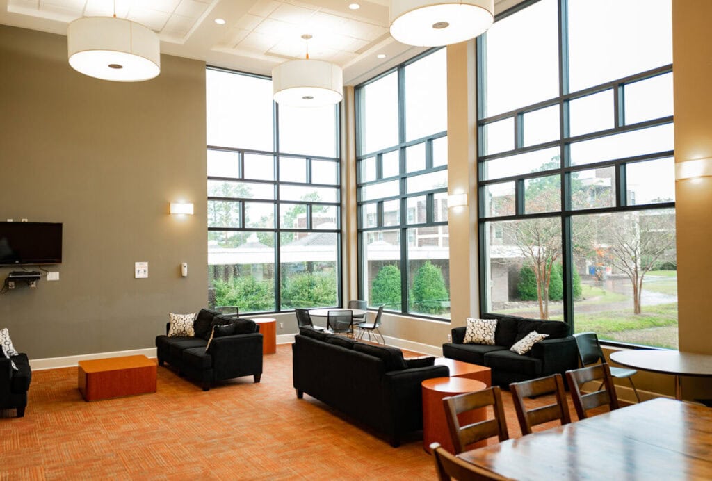 Study in the common areas. Here is a common area at Pat Barker Hall at Campbell University.