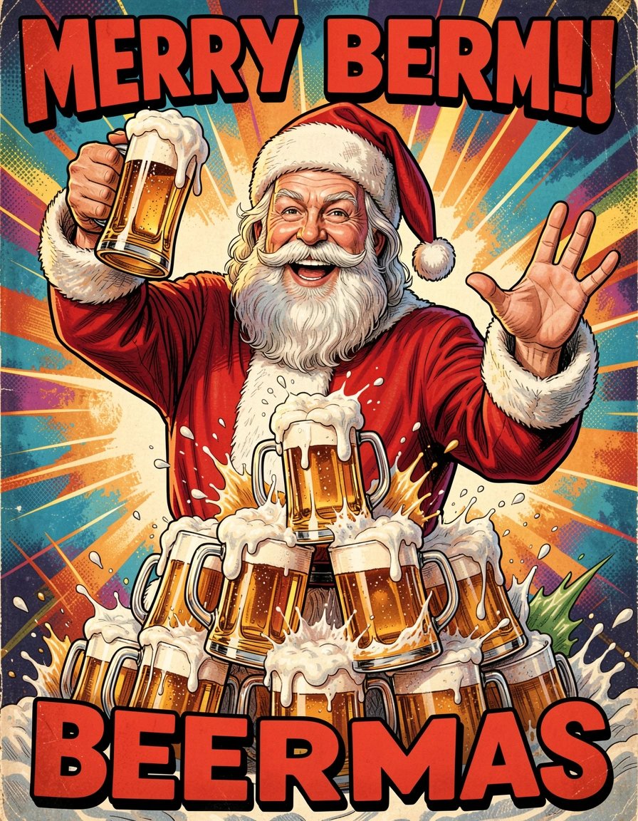Ultra-detailed expressive poster of Santa Claus in red fur-trimmed suit holding a frothy beer mug with animated gesture, surrounded by stacked overflowing beer mugs, framed by bold MERRY BEERMAS text in vintage comic style.