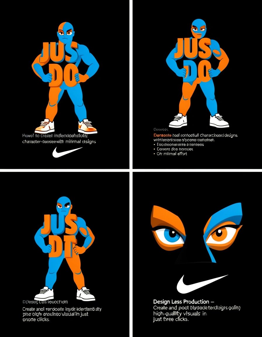 Minimalist graphic banner showing the JUST DO IT slogan as a stylized character in orange, blue, and white with expressive eyes and sneakers, displayed in four views with Nike swoosh logo and infographics on a black background.
