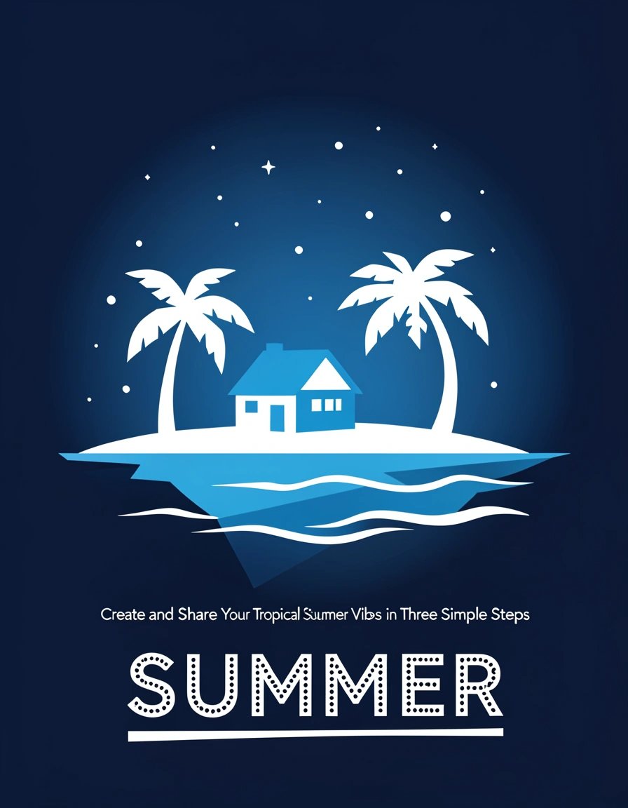 Minimalist graphic showing a stylized tropical island with palm trees and hut in flat white and blue shapes on a dark starry night background with gradient blue glow. The word SUMMER appears below in a dotted modern font with white underline, conveying a clean, logo-style summer theme.