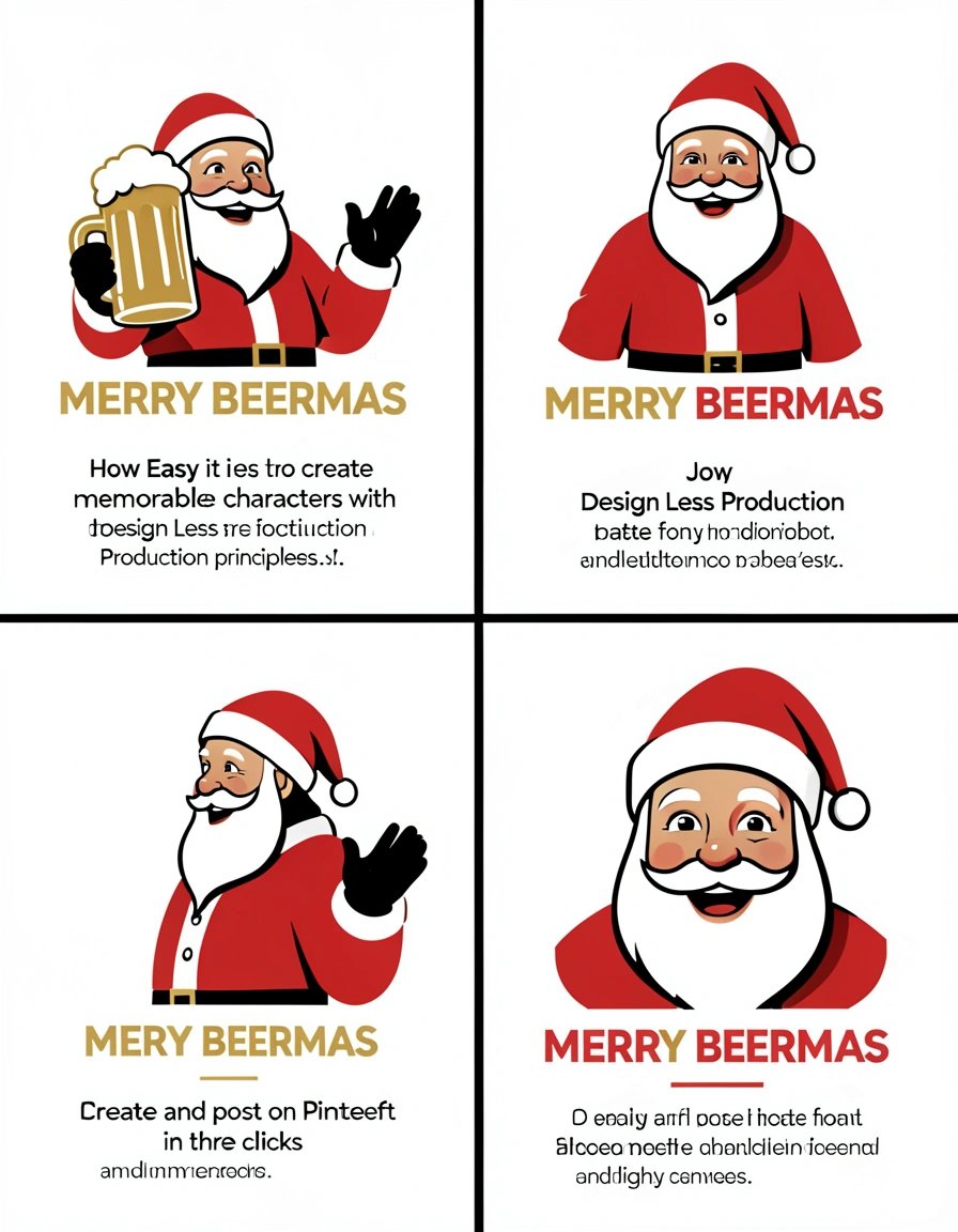 Minimalistic four-panel illustration of stylized Santa Claus mascot holding a beer mug, showing low angle, full height, side view, and close-up with modern infographic text and MERRY BEERMAS banner in clean fonts.