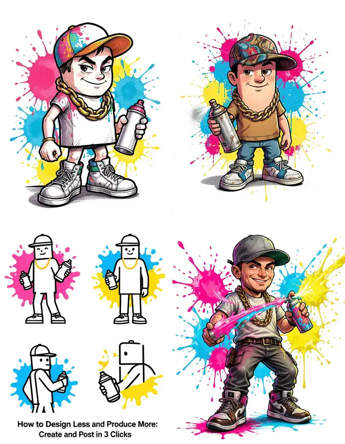Dynamic Graffiti-Style Cartoon Rectangle Character with Spray Paint and Vibrant Splatters Marker Illustration